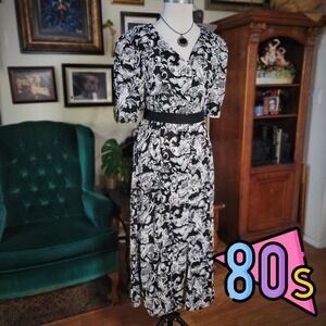 Vintage 80s Marnie West Black White Floral Sheer Midi Dress Puff Sleeve Medium